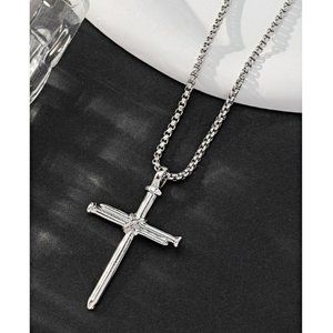 🆕 Mens Stainless Steel Cross Necklace, Nails of the Cross Pendant & Chain 23 in